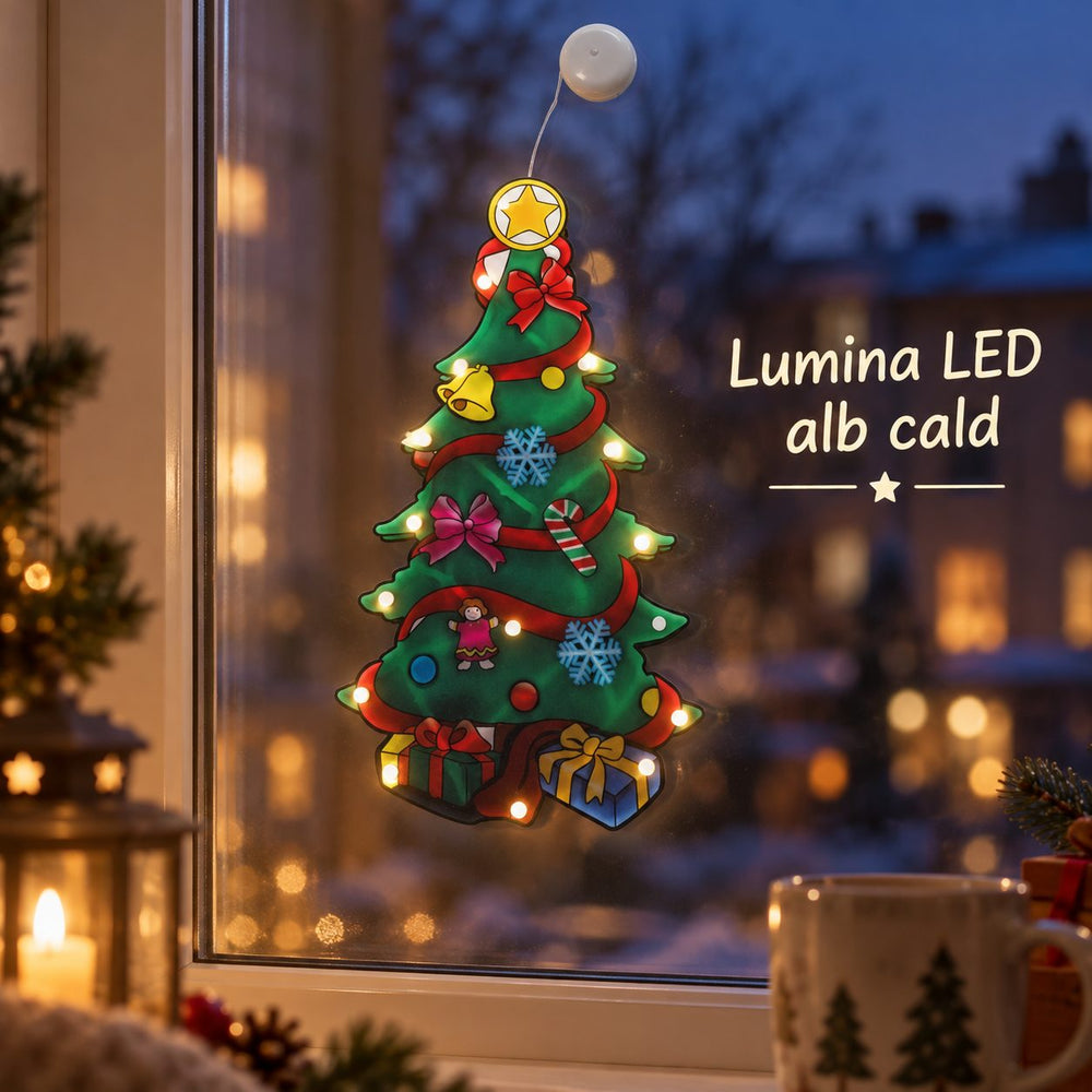 Decoratiune de Craciun pentru Fereastra, Model Brad, Iluminare LED, 26 cm, Multicolor, Lumina Alb Cald