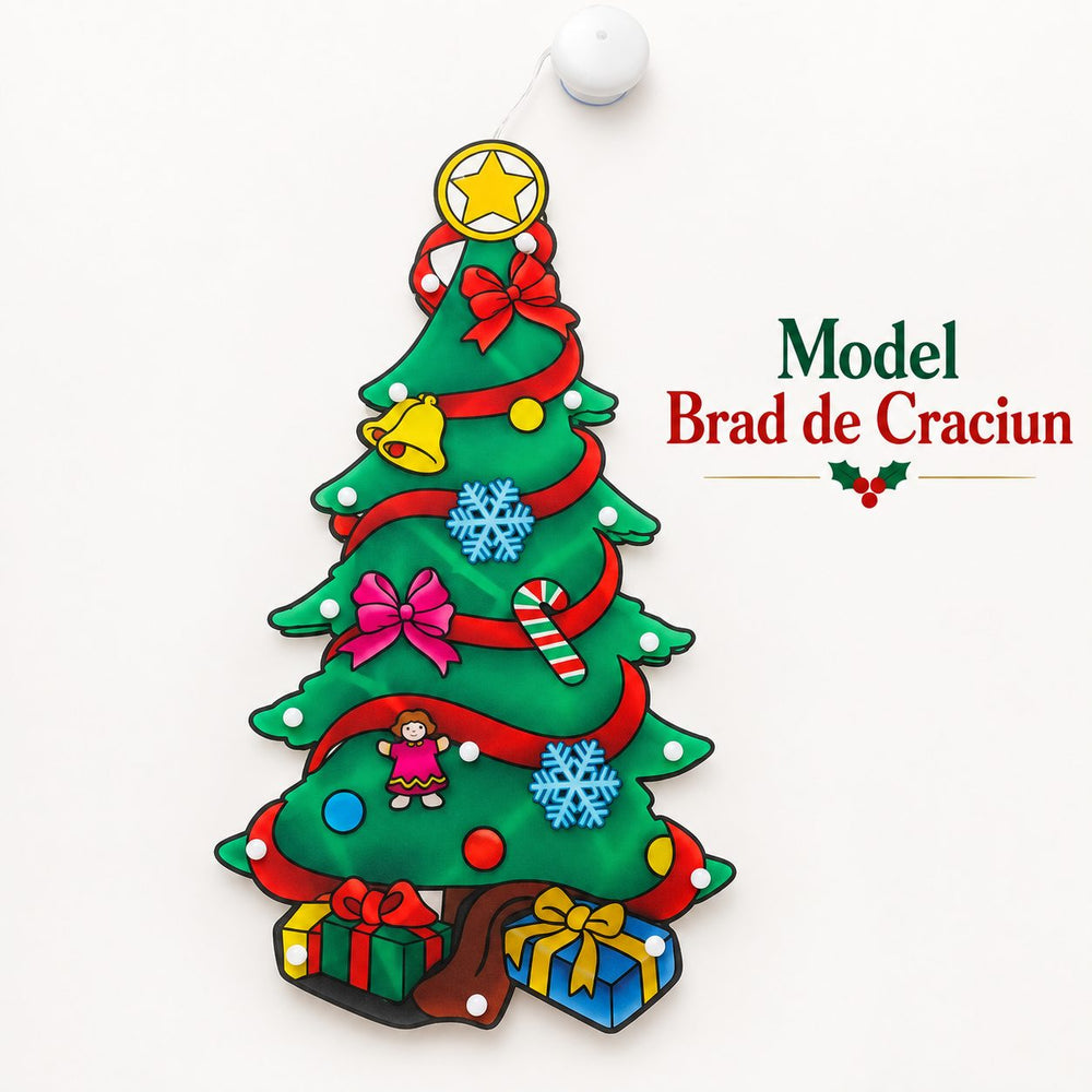 Decoratiune de Craciun pentru Fereastra, Model Brad, Iluminare LED, 26 cm, Multicolor, Lumina Alb Cald
