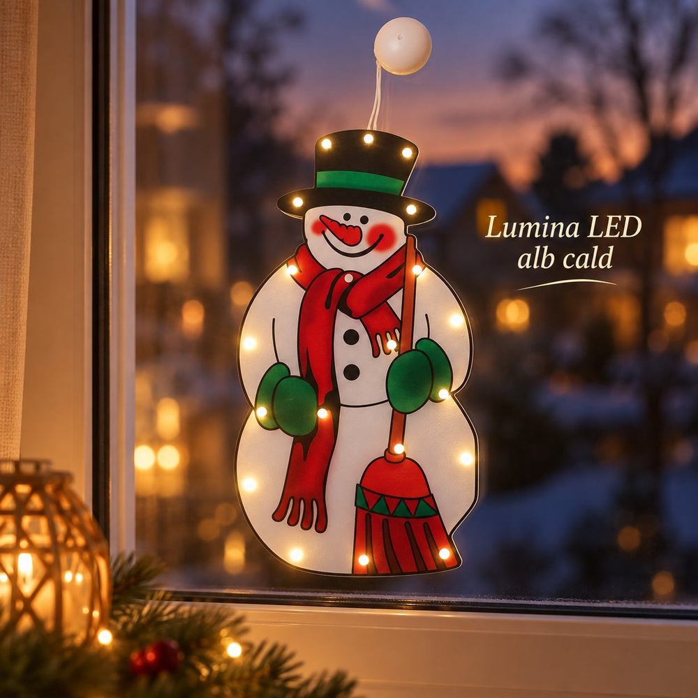 Decoratiune de Craciun pentru Fereastra, Model Om de Zapada, Iluminare LED, 26 cm, Multicolor, Lumina Alb Cald
