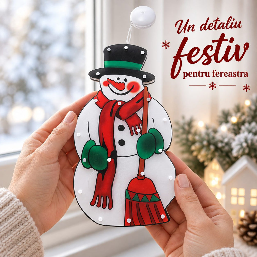 Decoratiune de Craciun pentru Fereastra, Model Om de Zapada, Iluminare LED, 26 cm, Multicolor, Lumina Alb Cald