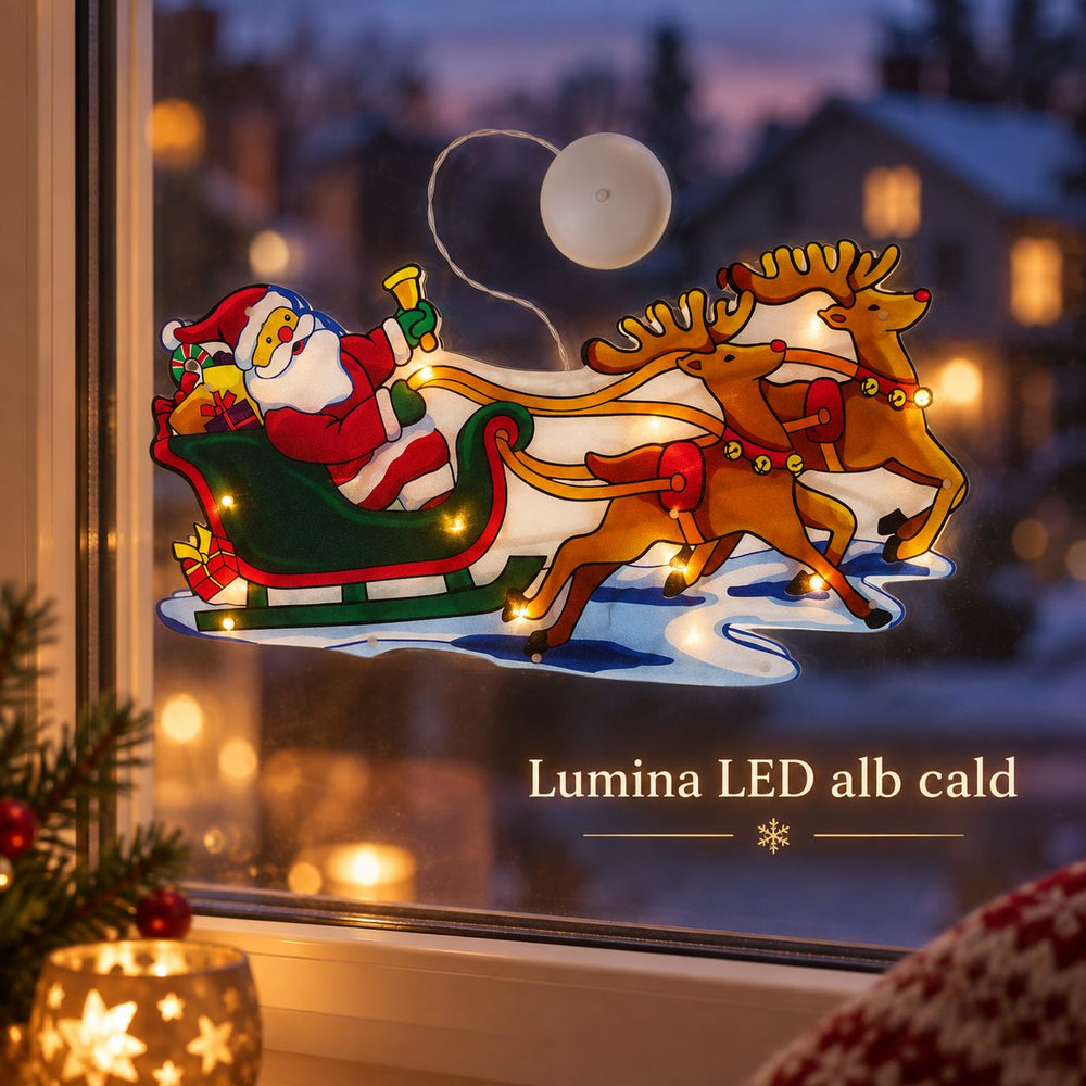 Decoratiune de Craciun pentru Fereastra, Model Mos Craciun in Sanie cu Reni, Iluminare LED, 26 cm, Multicolor, Lumina Alb Cald