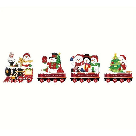 Decoratiune de Craciun, pentru Gradina, Tip Trenulet, 4 Figurine + Bete de Infipt in Pamant, din Plastic, Impermeabil, Model Oameni de Zapada, Multicolor