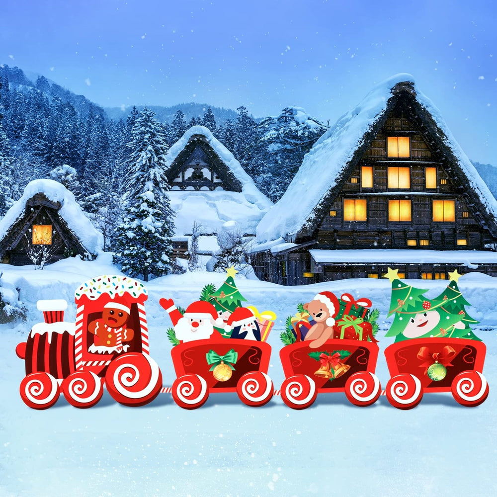 Decoratiune de Craciun, pentru Gradina, Tip Trenulet, 4 Figurine + Bete de Infipt in Pamant, din Plastic, Impermeabil, Model Tren cu Omul Briosa in Locomotiva, Multicolor