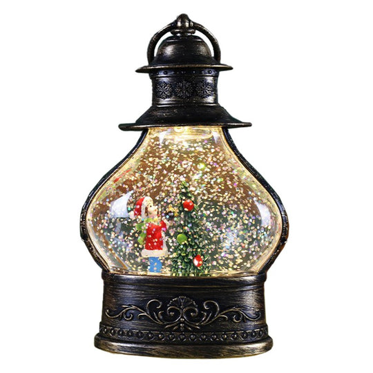 Decoratiune de Craciun tip Felinar, Glob de Cristal cu Fulgi de Zapada, Model Elf, Ornamentat cu Luminite Interioare, 14.5 x 9 x 3 cm, Rama Neagra, Transparent