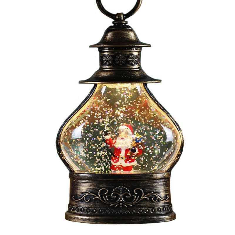 Decoratiune de Craciun tip Felinar, Glob de Cristal cu Fulgi de Zapada, Model Mos Craciun, Ornamentat cu Luminite Interioare, 14.5 x 9 x 3 cm, Rama Neagra, Transparent