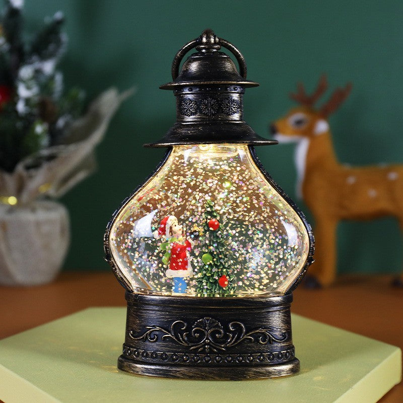 Decoratiune de Craciun tip Felinar, Glob de Cristal cu Fulgi de Zapada, Model Elf, Ornamentat cu Luminite Interioare, 14.5 x 9 x 3 cm, Rama Neagra, Transparent