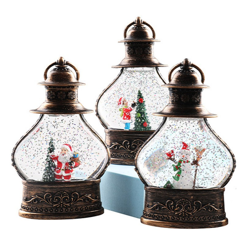 Decoratiune de Craciun tip Felinar, Glob de Cristal cu Fulgi de Zapada, Model Elf, Ornamentat cu Luminite Interioare, 14.5 x 9 x 3 cm, Rama Neagra, Transparent