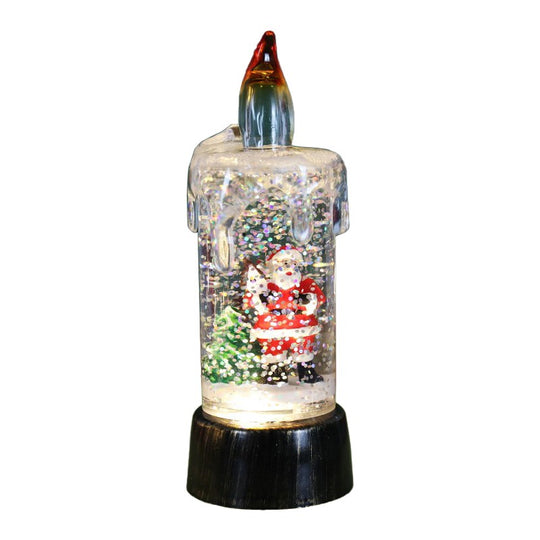 Decoratiune de Craciun tip Lumanare, Lumanare de Cristal cu Fulgi de Zapada, Model Mos Craciun cu Sclipici, Iluminare LED, 13 x 5 x 5 cm, Baza Vintage Bronze, Transparent