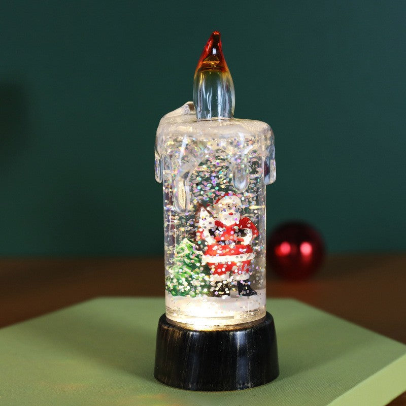 Decoratiune de Craciun tip Lumanare, Lumanare de Cristal cu Fulgi de Zapada, Model Mos Craciun cu Sclipici, Iluminare LED, 13 x 5 x 5 cm, Baza Vintage Bronze, Transparent