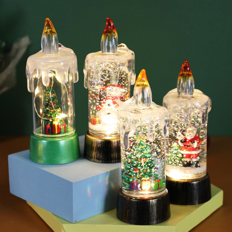 Decoratiune de Craciun tip Lumanare, Lumanare de Cristal cu Fulgi de Zapada, Model Mos Craciun cu Sclipici, Iluminare LED, 13 x 5 x 5 cm, Baza Vintage Bronze, Transparent