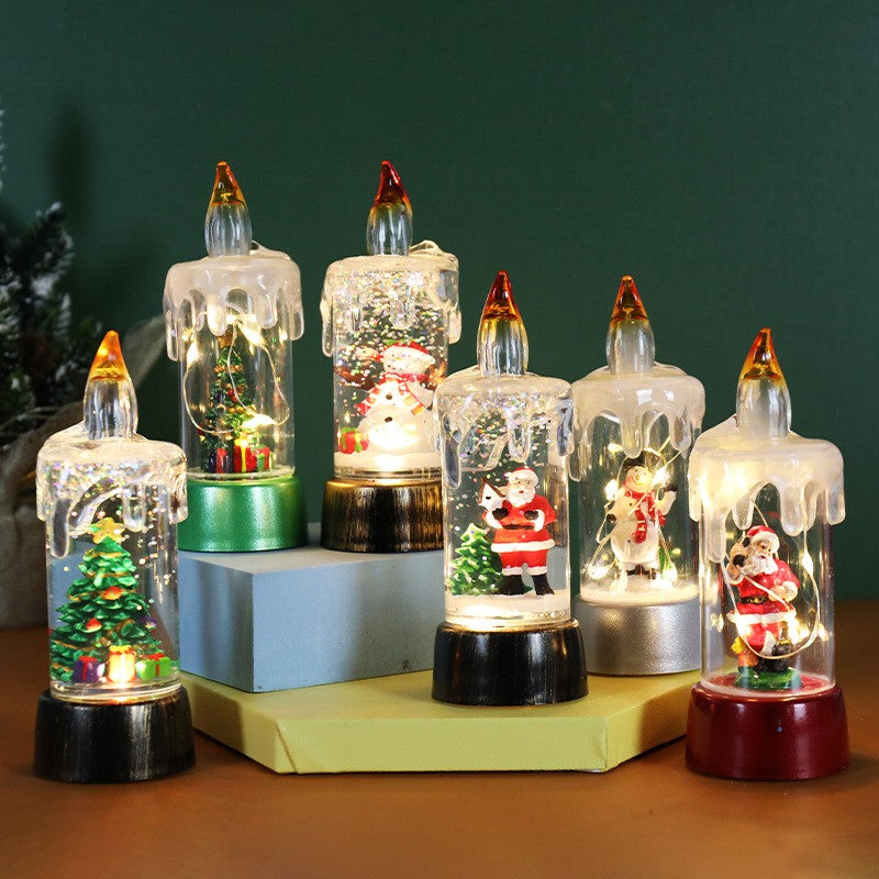 Decoratiune de Craciun tip Lumanare, Lumanare de Cristal cu Fulgi de Zapada, Model Mos Craciun cu Sclipici, Iluminare LED, 13 x 5 x 5 cm, Baza Vintage Bronze, Transparent
