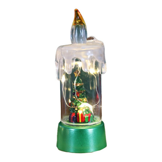 Decoratiune de Craciun tip Lumanare, Lumanare de Cristal fara Fulgi de Zapada, Model Brad, Iluminare LED, 13 x 5 x 5 cm, Baza Verde, Transparent