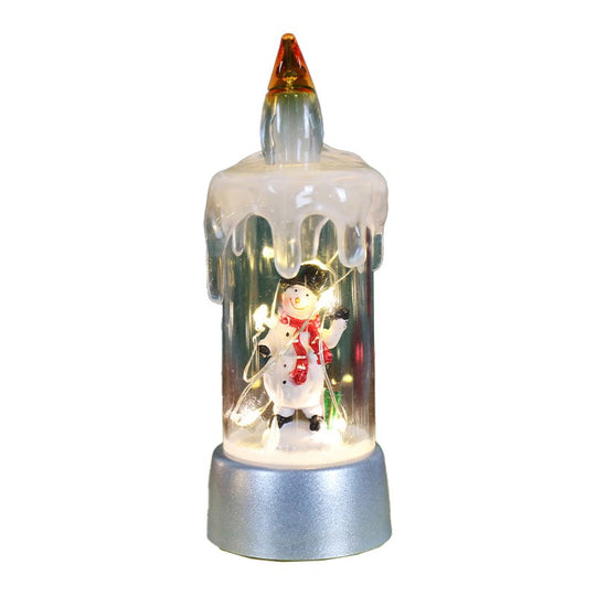 Decoratiune de Craciun tip Lumanare, Lumanare de Cristal fara Fulgi de Zapada, Model Om de Zapada, Iluminare LED, 13 x 5 x 5 cm, Baza Gri, Transparent