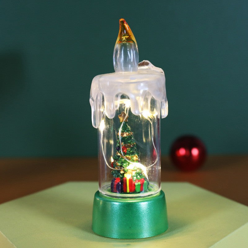 Decoratiune de Craciun tip Lumanare, Lumanare de Cristal fara Fulgi de Zapada, Model Brad, Iluminare LED, 13 x 5 x 5 cm, Baza Verde, Transparent