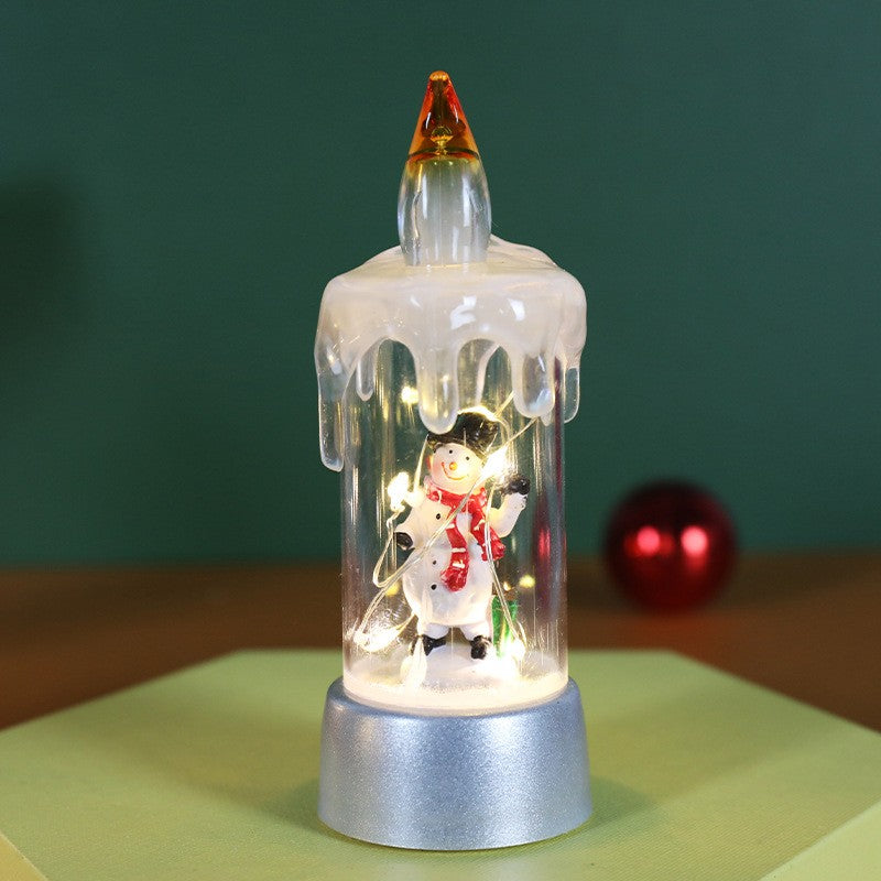 Decoratiune de Craciun tip Lumanare, Lumanare de Cristal fara Fulgi de Zapada, Model Om de Zapada, Iluminare LED, 13 x 5 x 5 cm, Baza Gri, Transparent