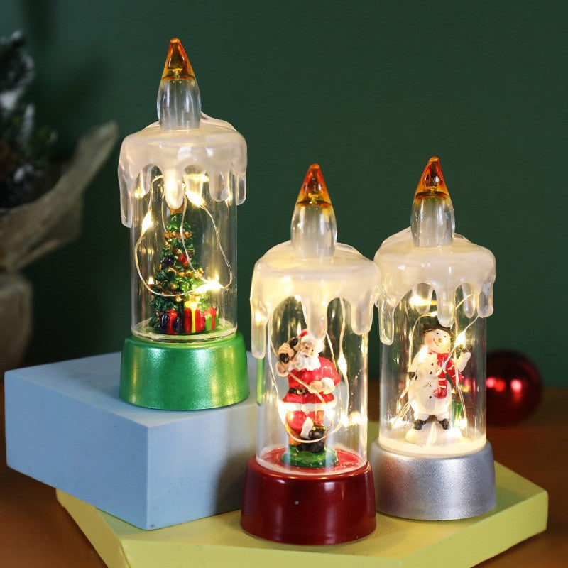 Decoratiune de Craciun tip Lumanare, Lumanare de Cristal fara Fulgi de Zapada, Model Om de Zapada, Iluminare LED, 13 x 5 x 5 cm, Baza Gri, Transparent