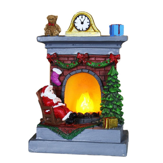 Decoratiune de Craciun tip Semineu, Semineu Decorativ cu Foc din Rasina, Model Semineu cu Mos Craciun, Flacara Iluminare LED, 13.5 x 9 x 6 cm, Gri Rosu