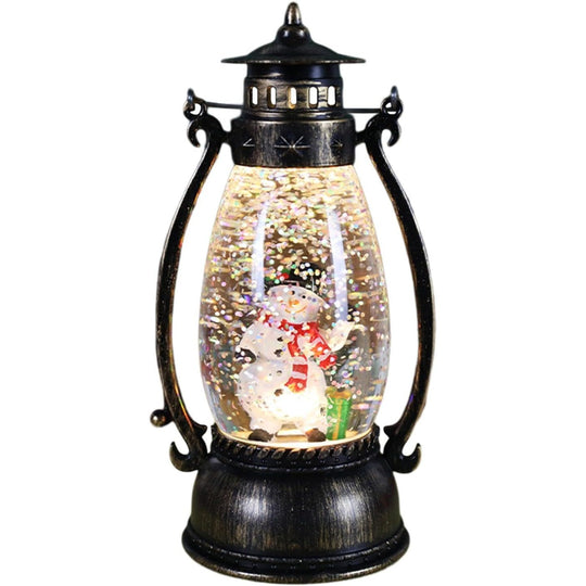 Decoratiune Luminoasa, Felinar de Craciun, cu Lumina LED, Ornament Model Lampa cu Ulei Om de Zapada, cu Maner, 14x7x6 cm, Negru