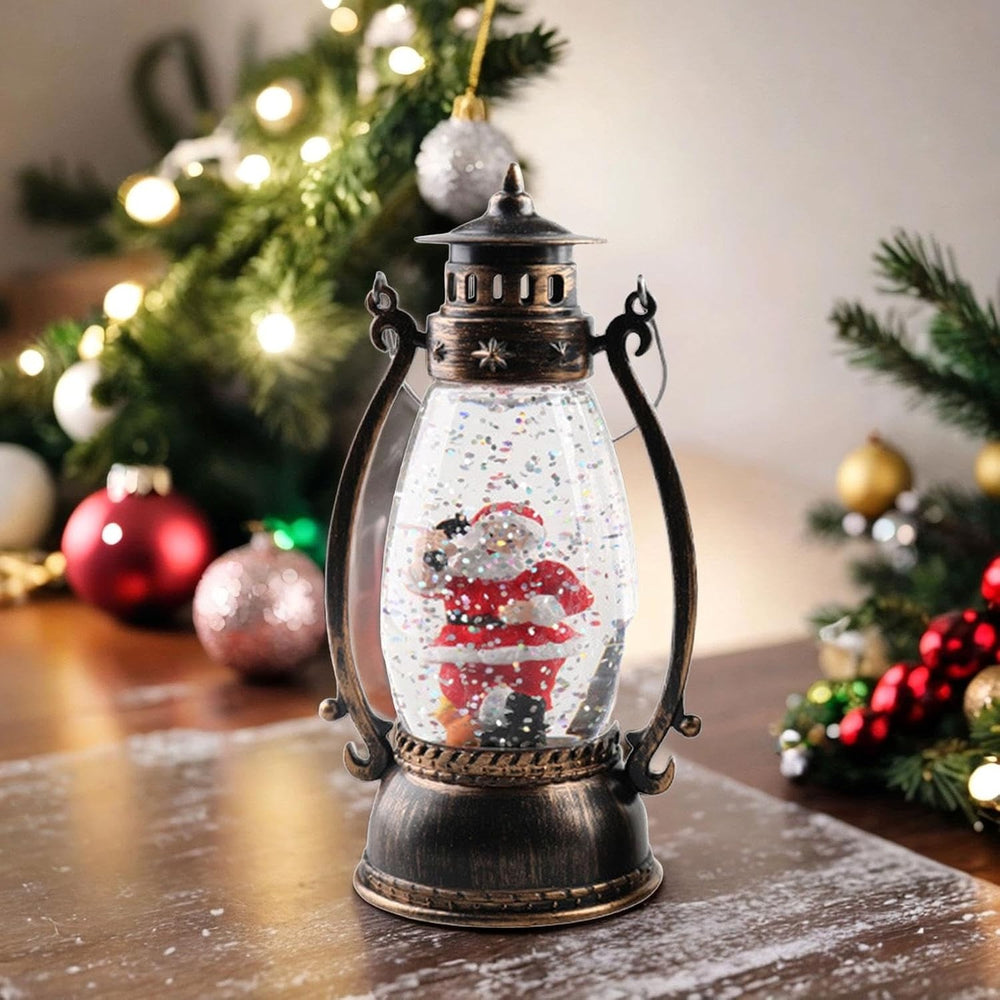 Decoratiune Luminoasa, Felinar de Craciun, cu Lumina LED, Ornament Model Lampa cu Ulei Mos Craciun, cu Maner, 14x7x6 cm, Negru