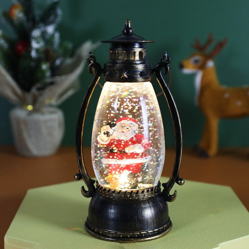 Decoratiune Luminoasa, Felinar de Craciun, cu Lumina LED, Ornament Model Lampa cu Ulei Mos Craciun, cu Maner, 14x7x6 cm, Negru