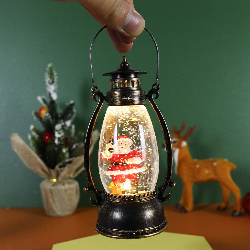 Decoratiune Luminoasa, Felinar de Craciun, cu Lumina LED, Ornament Model Lampa cu Ulei Mos Craciun, cu Maner, 14x7x6 cm, Negru