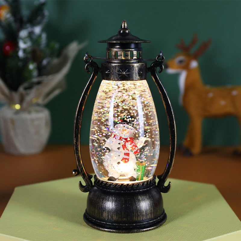 Decoratiune Luminoasa, Felinar de Craciun, cu Lumina LED, Ornament Model Lampa cu Ulei Om de Zapada, cu Maner, 14x7x6 cm, Negru