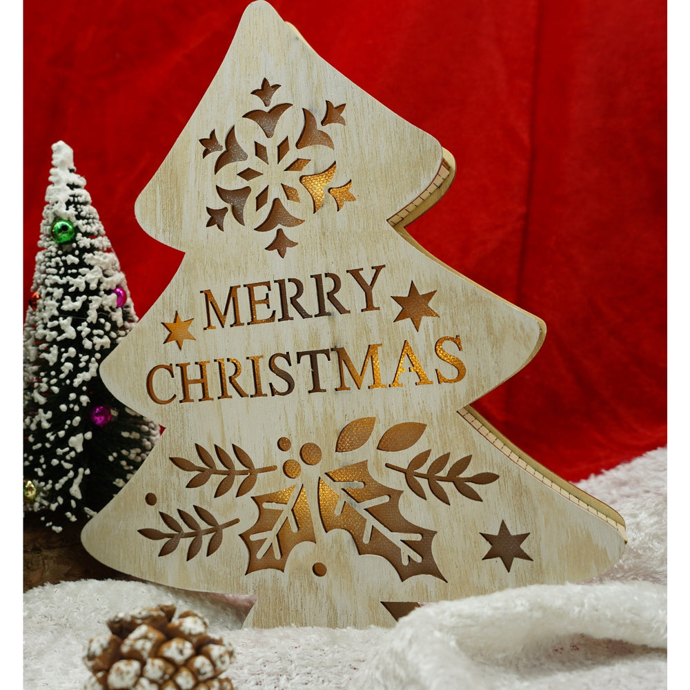 Decoratiune luminoasa, model de Brad cu inscriptie Marry Christmas, alb, lungime: 19 cm, latime: 3 cm, inaltime: 22 cm, lemn, interior/exterior