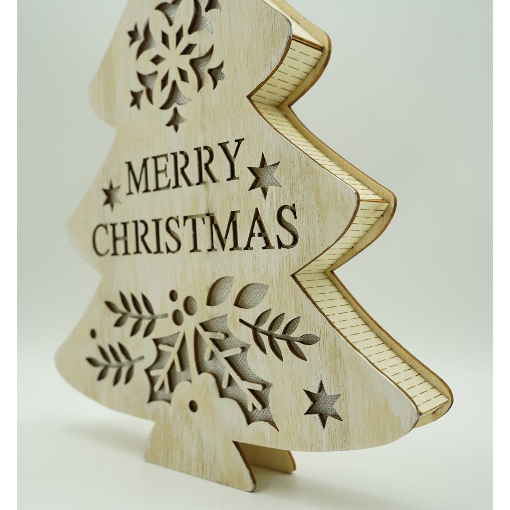 Decoratiune luminoasa, model de Brad cu inscriptie Marry Christmas, alb, lungime: 19 cm, latime: 3 cm, inaltime: 22 cm, lemn, interior/exterior