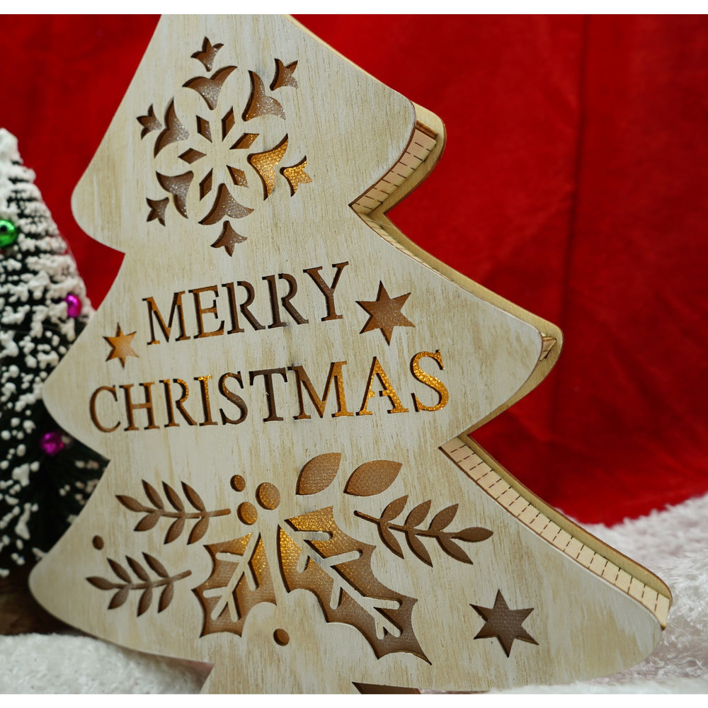 Decoratiune luminoasa, model de Brad cu inscriptie Marry Christmas, alb, lungime: 19 cm, latime: 3 cm, inaltime: 22 cm, lemn, interior/exterior