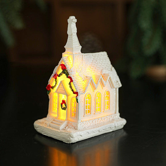 Decoratiune Ornament de Craciun, Biserica de Craciun din Rasina, Model Biserica Mica Iluminata din Interior, 8.8 x 6 x 4.5 cm, Alb