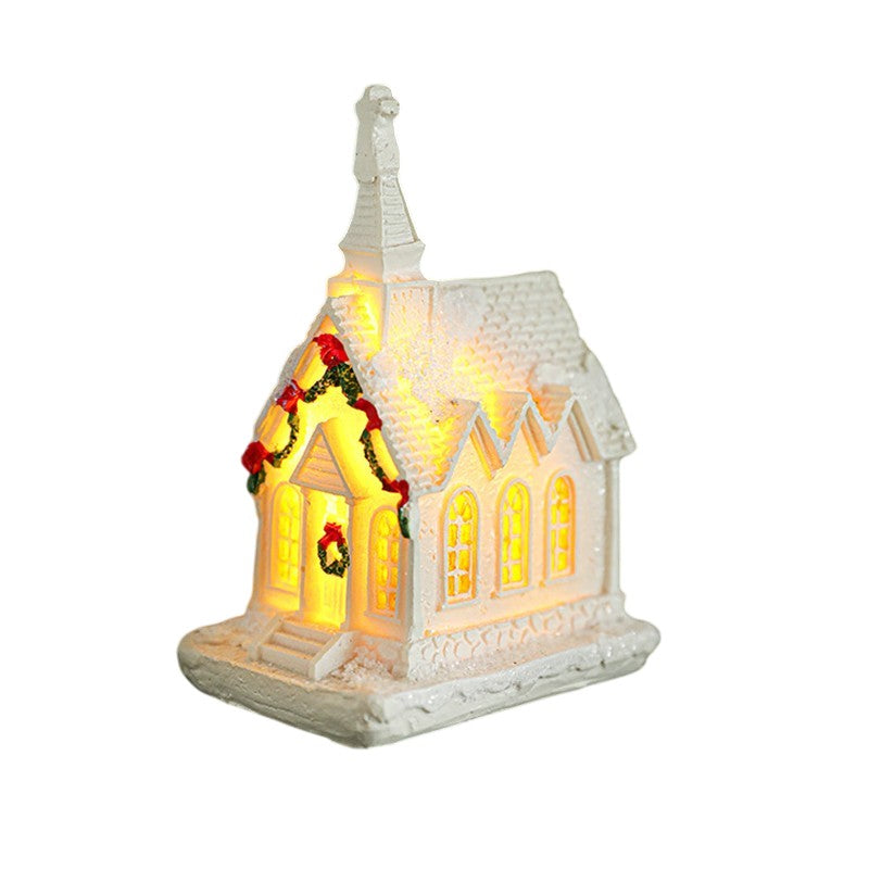Decoratiune Ornament de Craciun, Biserica de Craciun din Rasina, Model Biserica Mica Iluminata din Interior, 8.8 x 6 x 4.5 cm, Alb