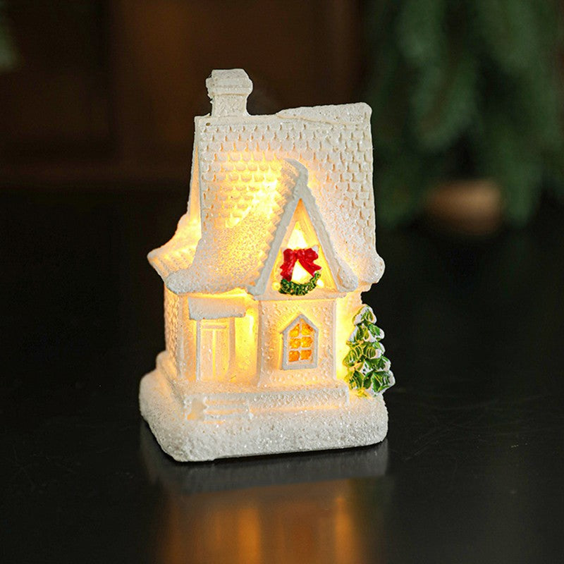 Decoratiune Ornament de Craciun, Casuta de Craciun din Rasina, Model Casa Mica Iluminata din Interior, 8.5 x 5 x 4 cm, Alb