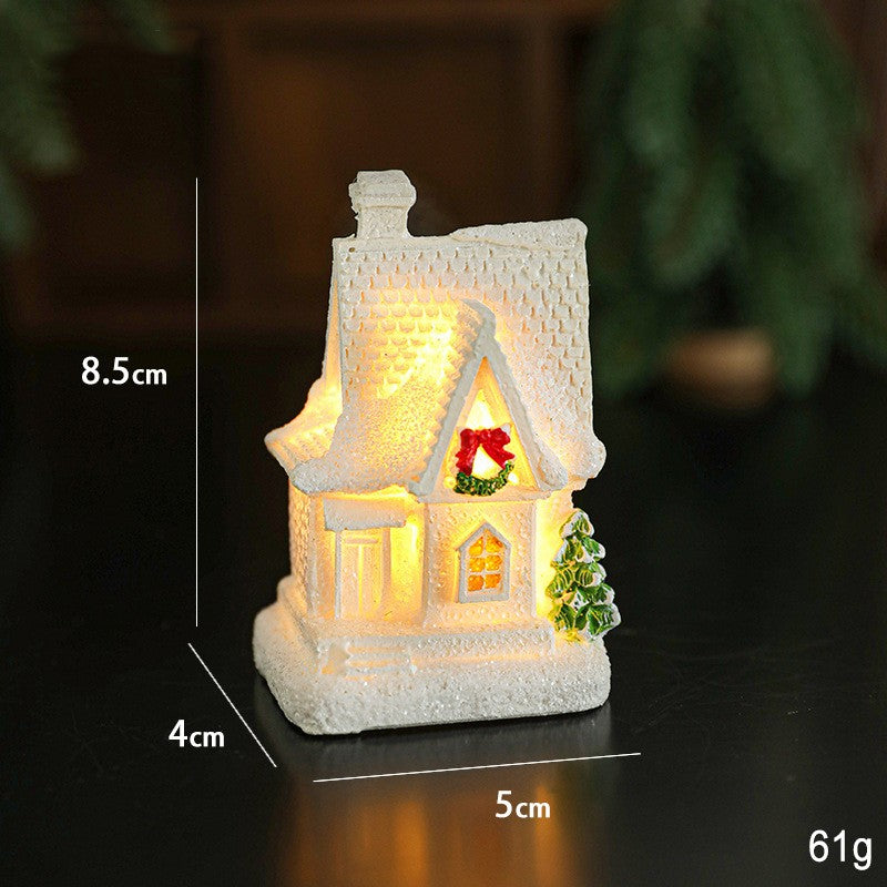 Decoratiune Ornament de Craciun, Casuta de Craciun din Rasina, Model Casa Mica Iluminata din Interior, 8.5 x 5 x 4 cm, Alb