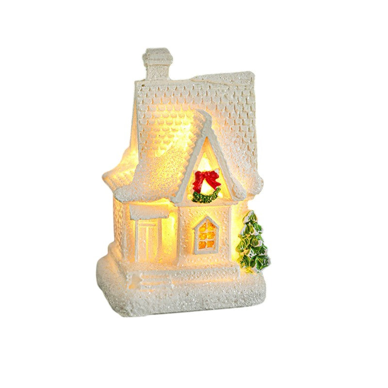 Decoratiune Ornament de Craciun, Casuta de Craciun din Rasina, Model Casa Mica Iluminata din Interior, 8.5 x 5 x 4 cm, Alb