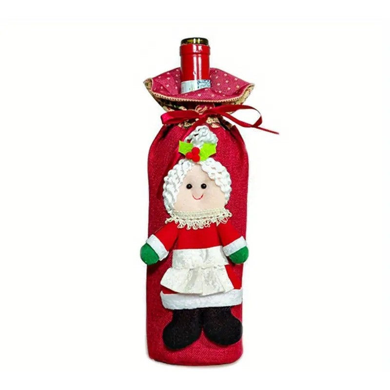 Decoratiune pentru Sticla de Vin, Tema Craciun, Model Doamna Craciun, 14 x 29 cm, Rosu