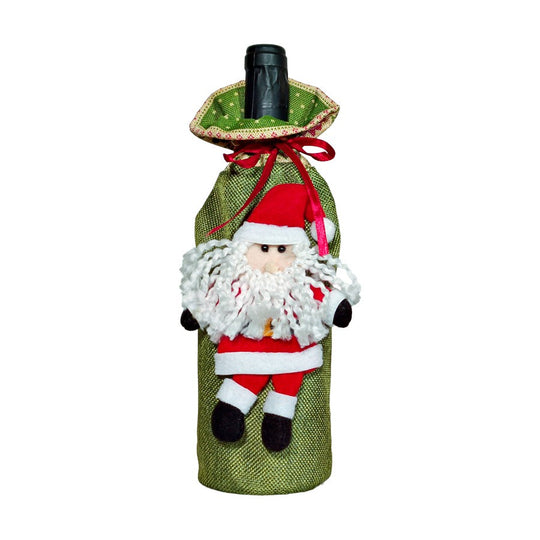 Decoratiune pentru Sticla de Vin, Tema Craciun, Model Mos Craciun, 14 x 29 cm, Verde