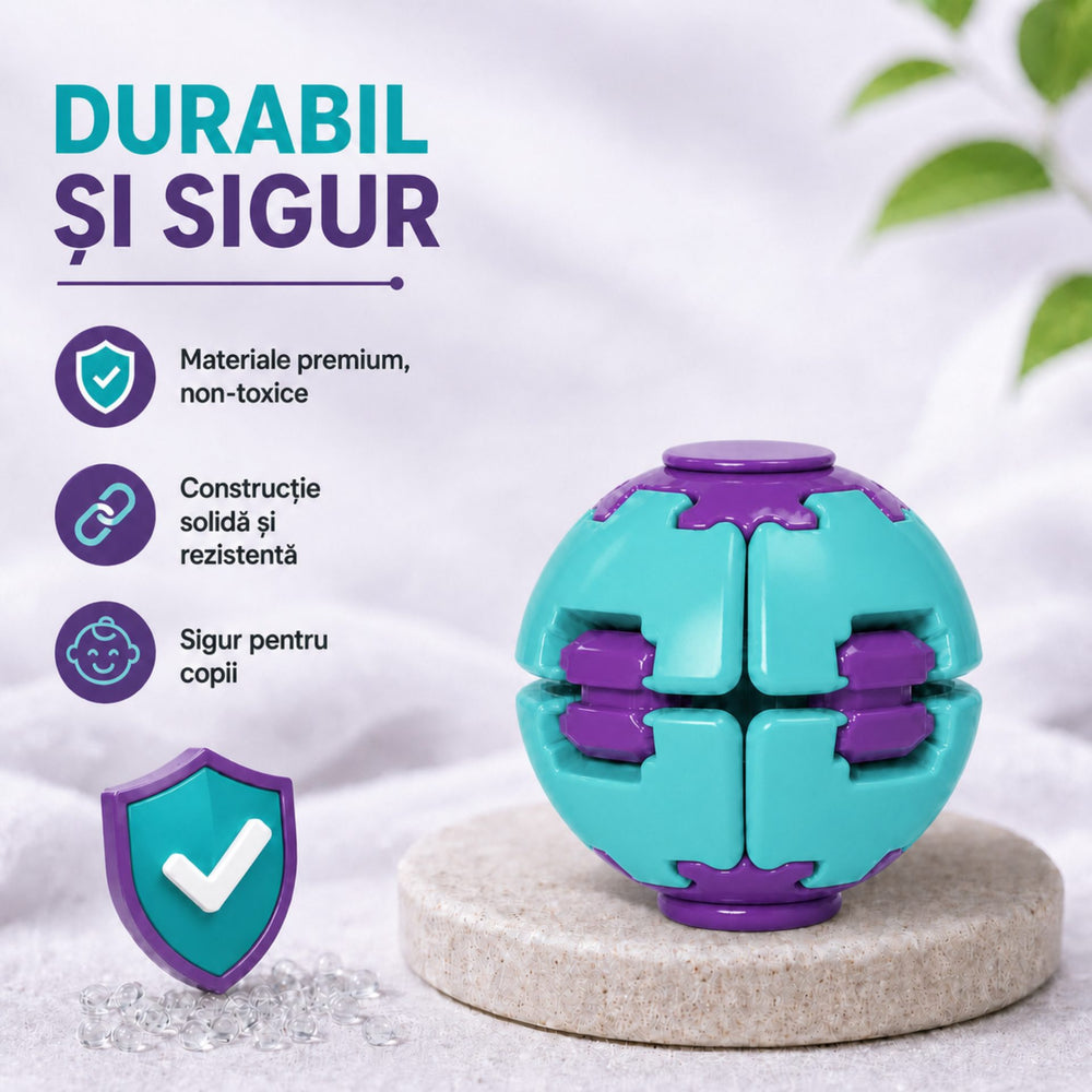 Denumire recomandată: Minge Senzorială Antistres Rotativă 3D, Tip Fidget Spinner, cu Breloc și Sistem Push and Spin, 4.5x5 cm, Turcoaz și Mov