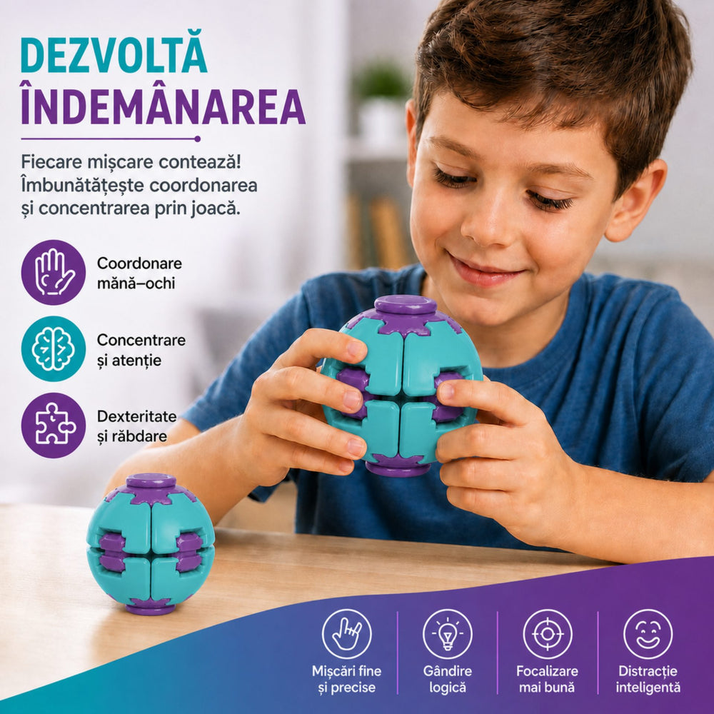 Denumire recomandată: Minge Senzorială Antistres Rotativă 3D, Tip Fidget Spinner, cu Breloc și Sistem Push and Spin, 4.5x5 cm, Turcoaz și Mov