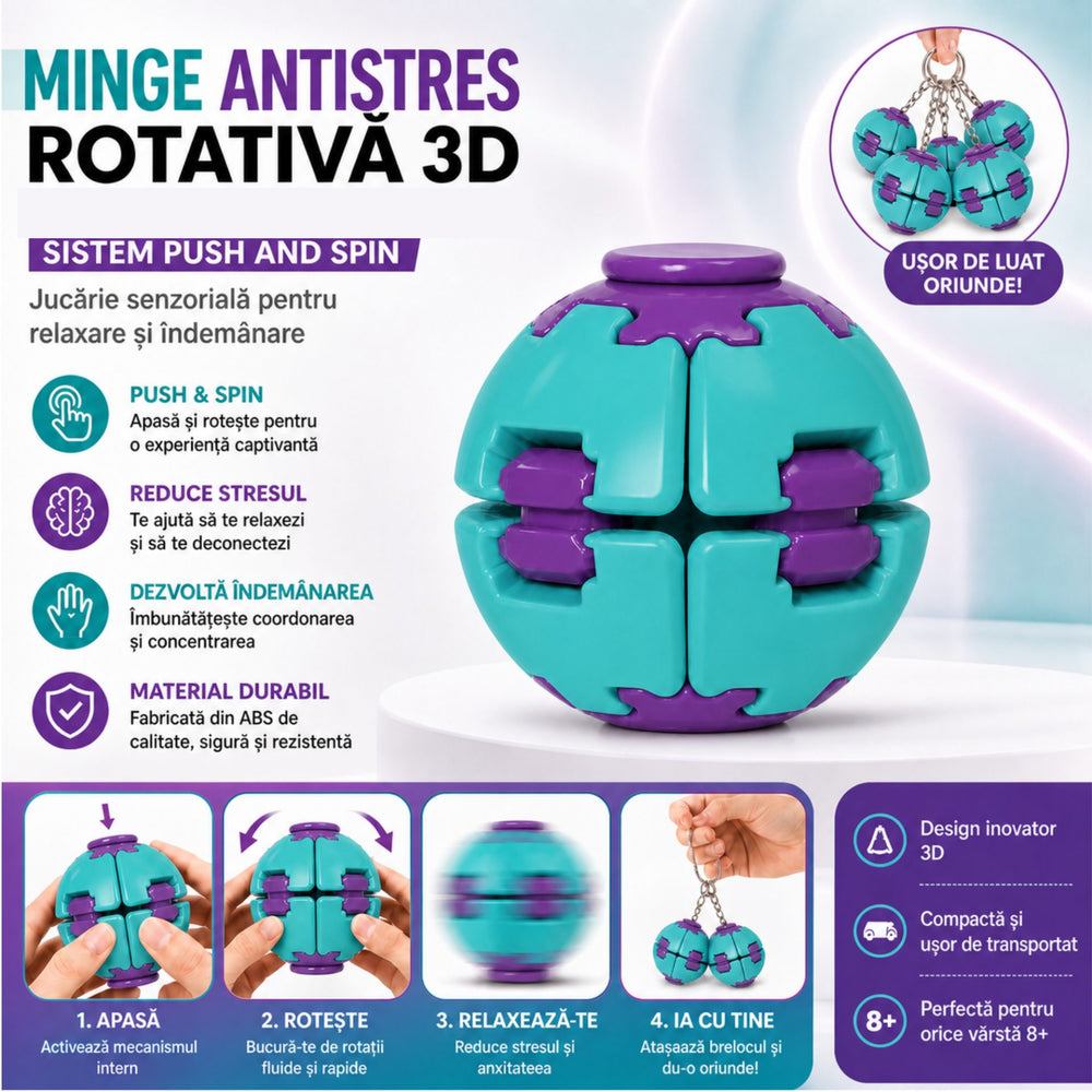 Denumire recomandată: Minge Senzorială Antistres Rotativă 3D, Tip Fidget Spinner, cu Breloc și Sistem Push and Spin, 4.5x5 cm, Turcoaz și Mov