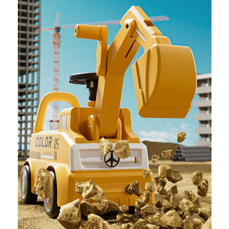 Excavator Manual pentru copii, 3 ani, Sport, Claxon, Cutie Depozitare, Lumini, Scaun, 62x26x47 cm, Galben