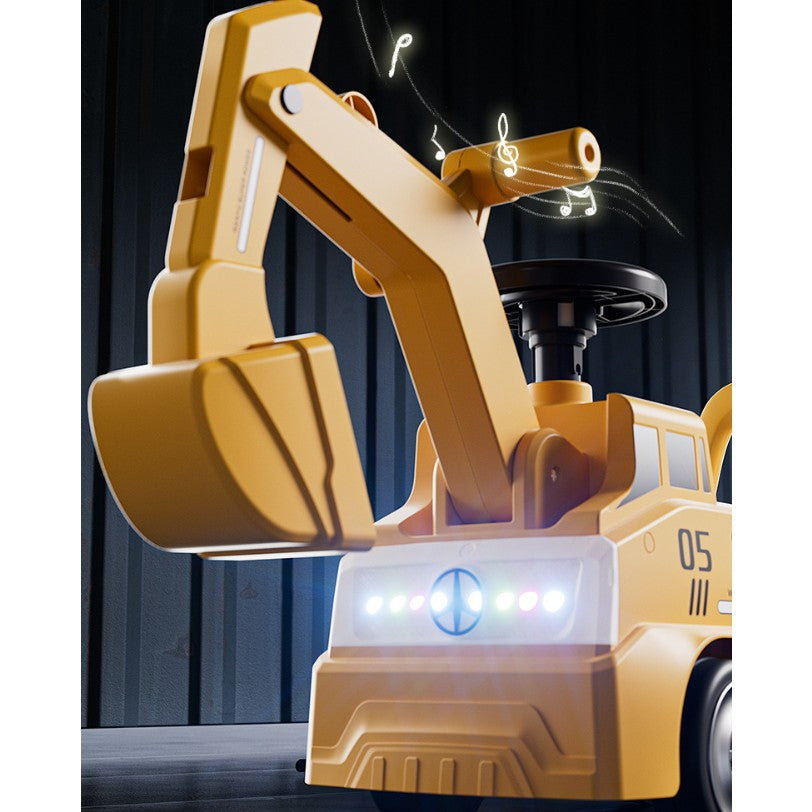 Excavator Manual pentru copii, 3 ani, Sport, Claxon, Cutie Depozitare, Lumini, Scaun, 62x26x47 cm, Galben