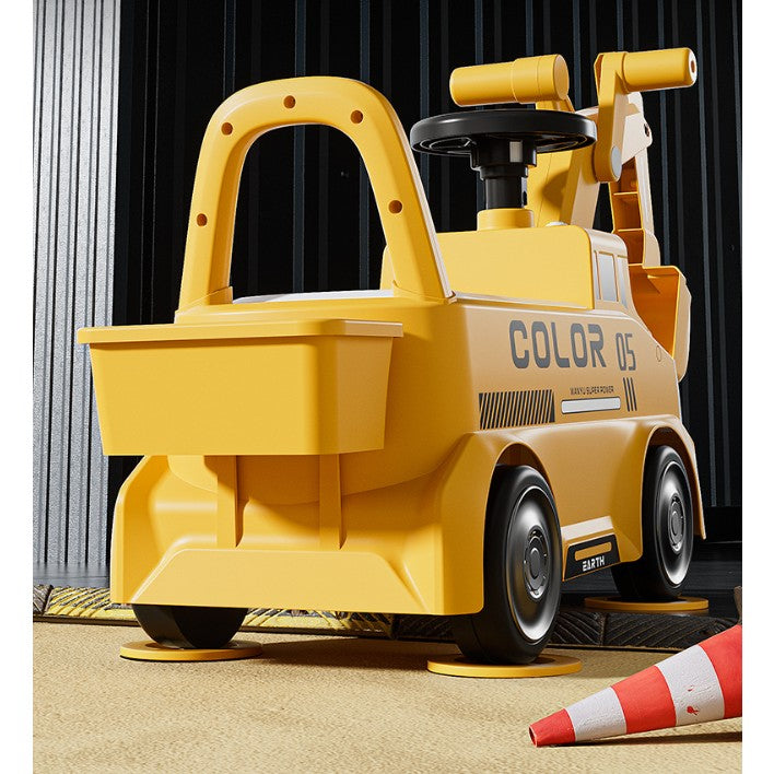 Excavator Manual pentru copii, 3 ani, Sport, Claxon, Cutie Depozitare, Lumini, Scaun, 62x26x47 cm, Galben
