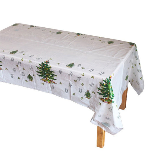 Fata de masa dreptunghiulara, PVC, 2.5 mm grosime, imprimeu braduri, potrivit pentru Craciun, utilizare multipla, 180 x 108 cm, alb