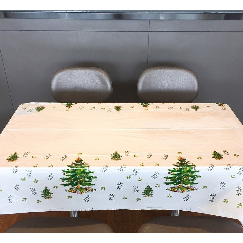Fata de masa dreptunghiulara, PVC, 2.5 mm grosime, imprimeu braduri, potrivit pentru Craciun, utilizare multipla, 180 x 108 cm, alb
