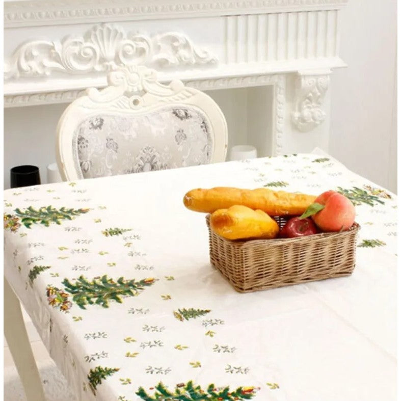 Fata de masa dreptunghiulara, PVC, 2.5 mm grosime, imprimeu braduri, potrivit pentru Craciun, utilizare multipla, 180 x 108 cm, alb
