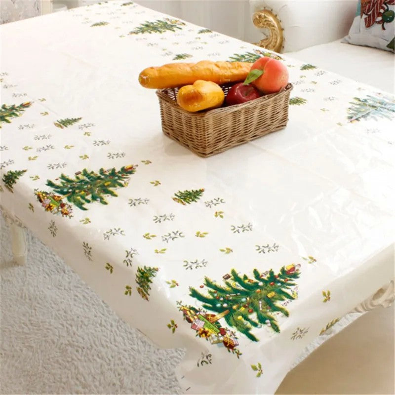 Fata de masa dreptunghiulara, PVC, 2.5 mm grosime, imprimeu braduri, potrivit pentru Craciun, utilizare multipla, 180 x 108 cm, alb
