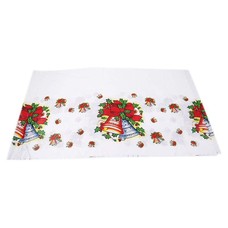 Fata de masa dreptunghiulara, PVC, 2.5 mm grosime, imprimeu clopotei, potrivit pentru Craciun, utilizare multipla, 180 x 108 cm, alb