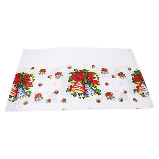 Fata de masa dreptunghiulara, PVC, 2.5 mm grosime, imprimeu clopotei, potrivit pentru Craciun, utilizare multipla, 180 x 108 cm, alb