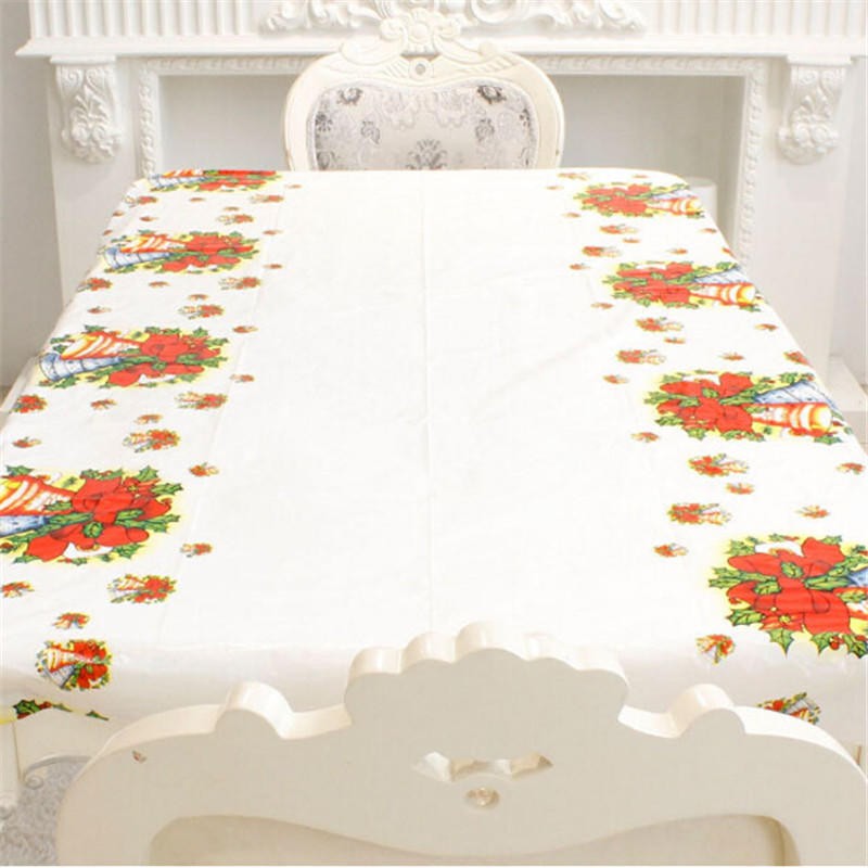 Fata de masa dreptunghiulara, PVC, 2.5 mm grosime, imprimeu clopotei, potrivit pentru Craciun, utilizare multipla, 180 x 108 cm, alb