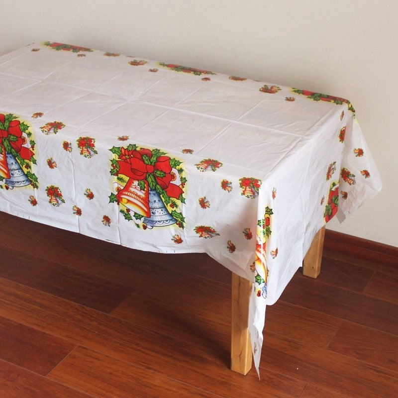 Fata de masa dreptunghiulara, PVC, 2.5 mm grosime, imprimeu clopotei, potrivit pentru Craciun, utilizare multipla, 180 x 108 cm, alb